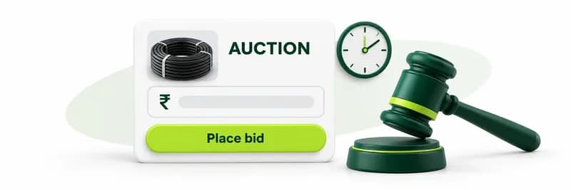 An auction card with a bid field, a clock and a gavel