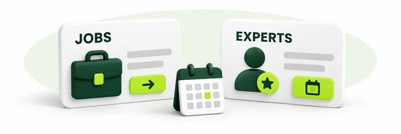 Jobs and Experts cards with a briefcase, a calendar and a consultant badge