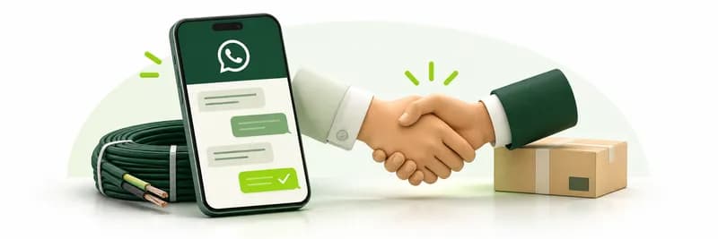 A phone showing a WhatsApp chat beside a handshake and a parcel