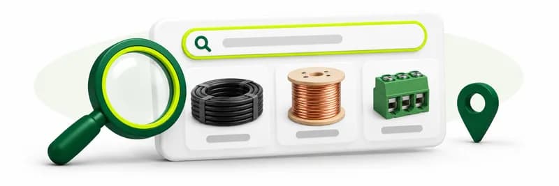 A search bar over three product cards, with a magnifying glass and a map pin