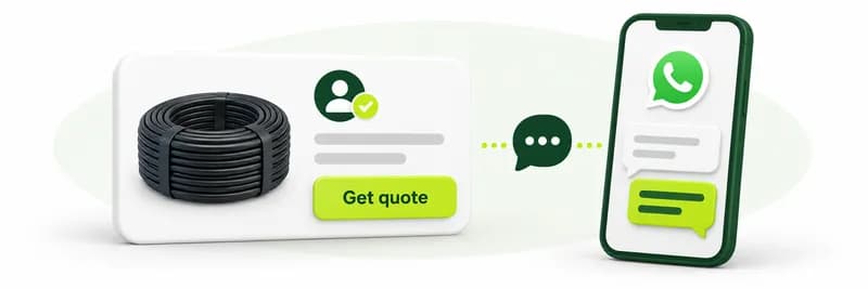 A product card with a Get quote button beside a phone showing a WhatsApp chat