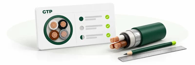 A GTP datasheet beside a cable cross-section and a pencil and ruler