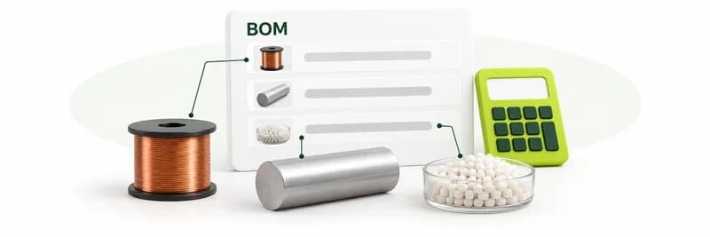 A BOM sheet with copper, aluminium and granule quantities beside a calculator